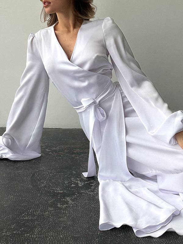 Sheer Trend - Wholesale Dress - Women's - Puff-Sleeve Asym Pleat Split-Tie V-Neck Shirt Maxi16