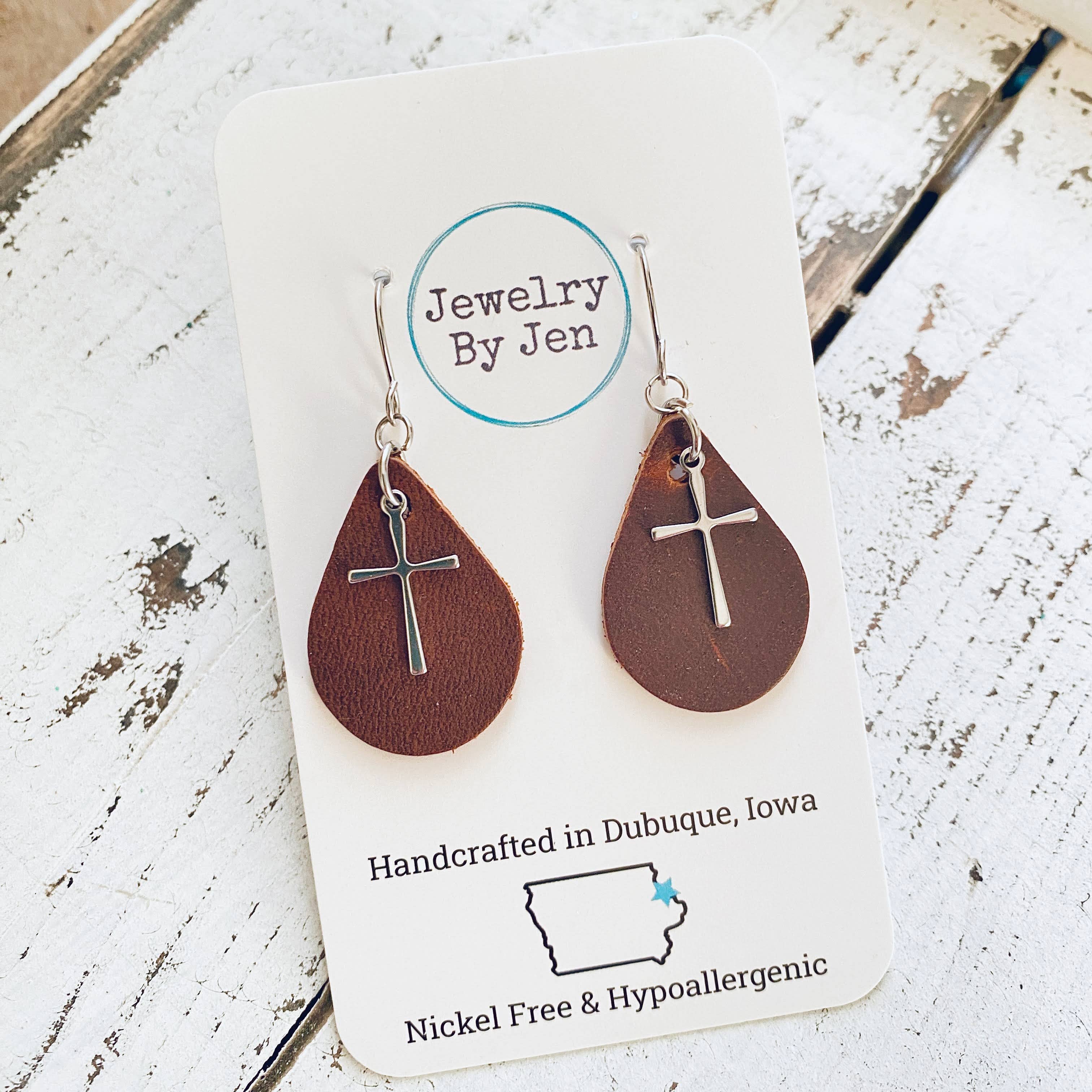 Jewelry By Jen - Wholesale Dangle Earrings - Small Teardrop Earrings: Brown w/Cross Charm2