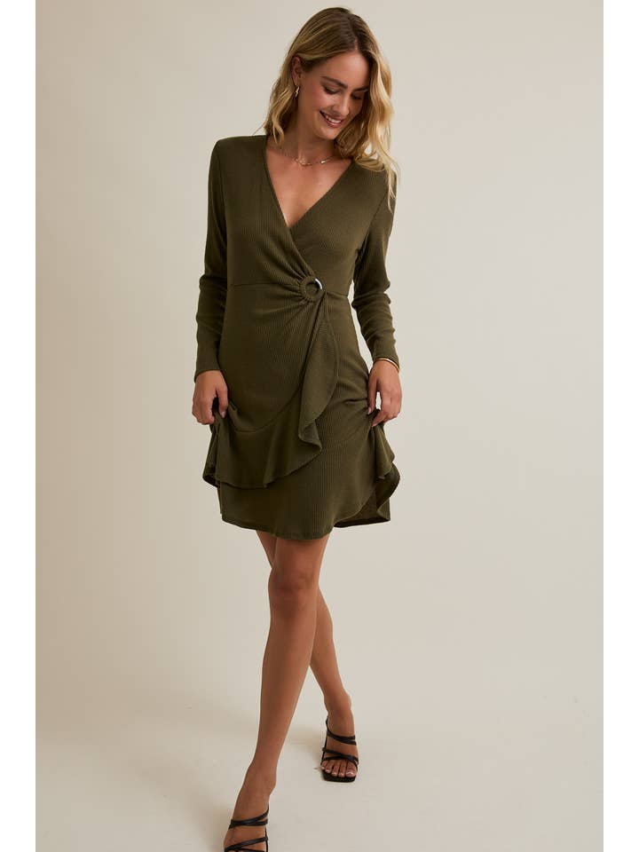 OLIVE SURPLICE LONG SLEEVE O-RING TRIM MINI DRESS for wholesale on Faire3