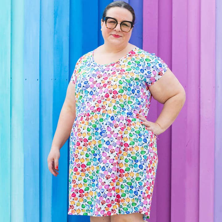 Adult "Jewelbug" Rainbow of Bugs Cap Sleeve Dress with Pockets for wholesale by Princess Awesome