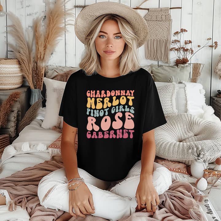 Rustic Radiance - Wholesale Screen Printed T-Shirt - Women's - CHARDONNAY MERLOT PINOT ROSE CABERNET
