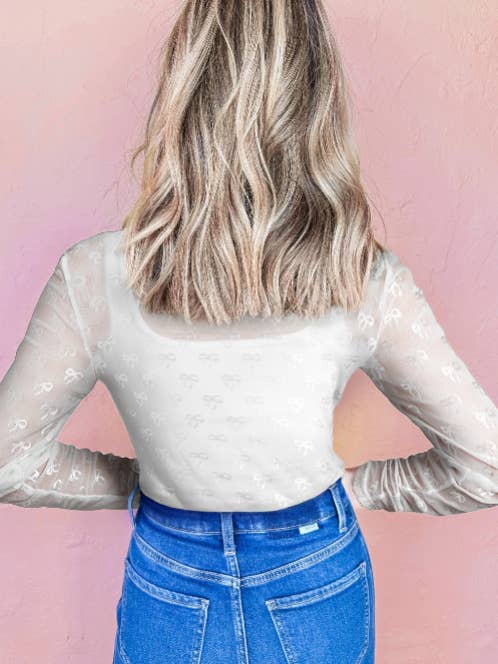 Suhkasana - Wholesale Blouse - Women's - Sheer Mesh Bow Print Long Sleeve Top6