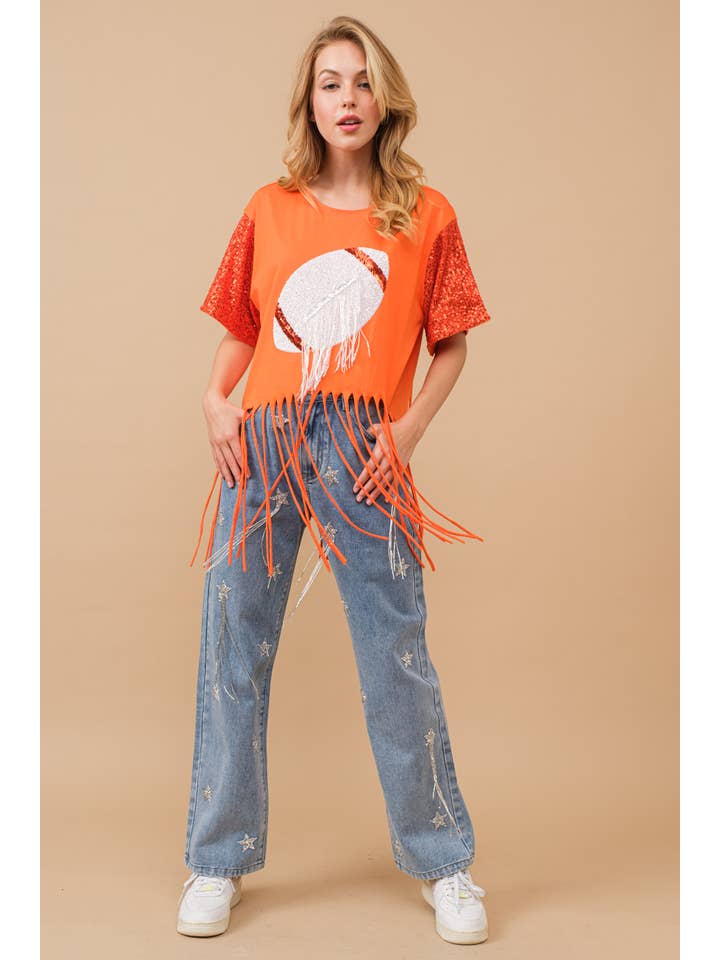 Blue B - Wholesale T-shirt – women's - 34255T - Football Sequin Fringe Graphic Tee Top10