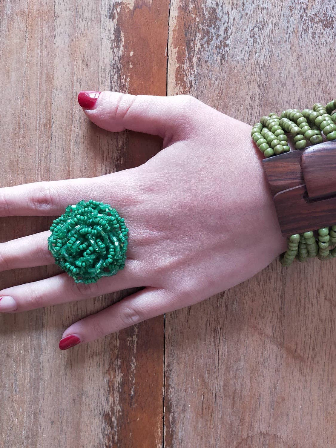 Bijondo - Wholesale Cocktail/Statement Ring - Elegant Glass Bead Flower Ring, costume jewelry1