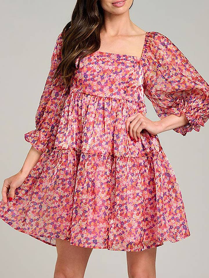FLORAL PRINT PUFF SLEEVE SQUARE NECK TIERED DRESS for wholesale by ROUSSEAU