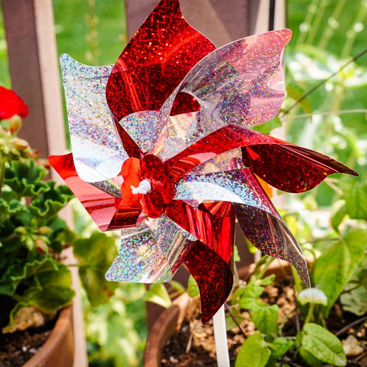 In the Breeze, LLC. - Wholesale Wind Spinner - Red & Silver Mylar Pinwheels - 8 PC