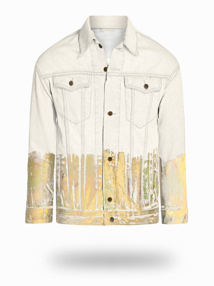 Längere cremefarbene Jeansjacke mit goldener holografischer Folie für den Großhandel von VENIM