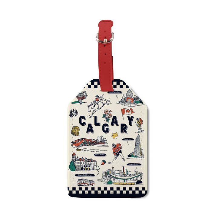 Calgary Alberta PU Leather Luggage Tag – Illustrated Travel ID Label for Suitcase and Backpack for wholesale by Northern Icons Canada