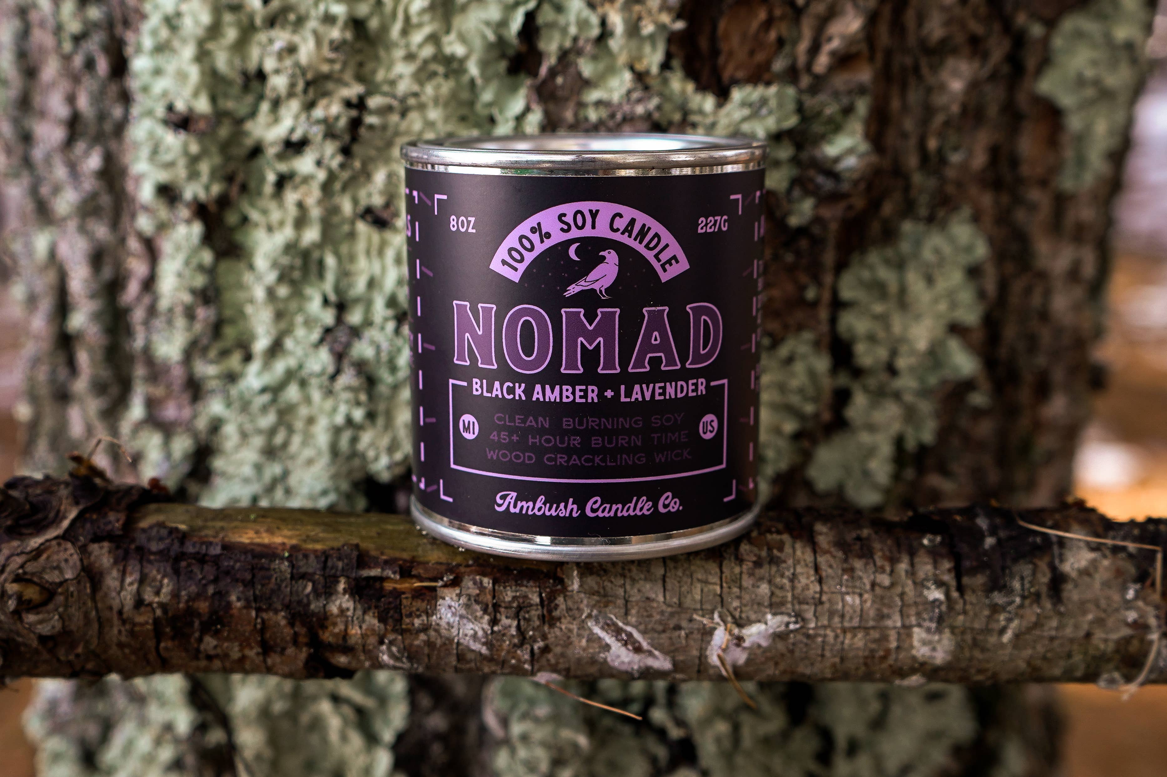 Ambush Candle Co. – wholesale Jar/filled candle – Nomad | Amber + Lavender 8oz Soy Candle1