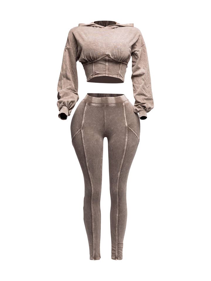 Conjunto de top e leggings com capuz lavado com minerais por atacado de K Too