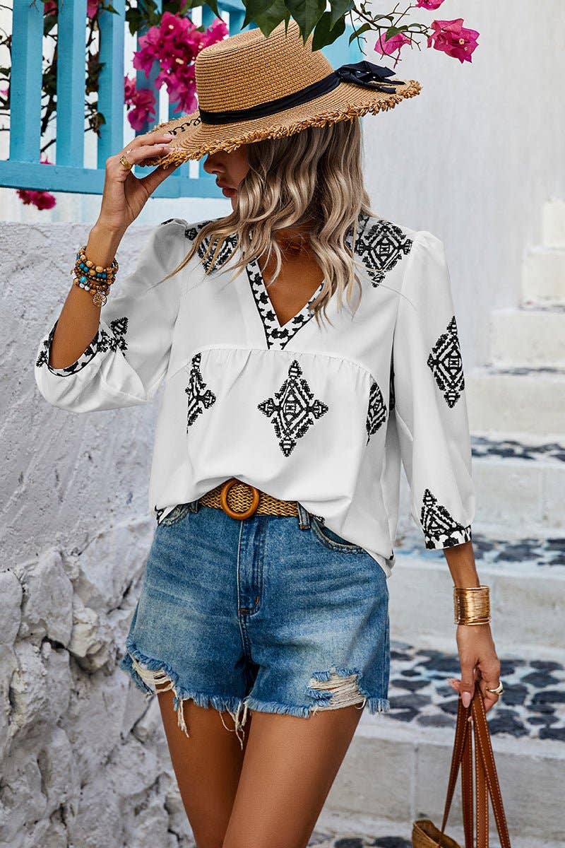 Elings - Wholesale Blouse - Women's - V Neck Printed Loose Fit Blouse8