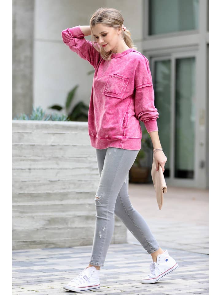 42POPS - Wholesale Sweatshirt - Women's - ",,..._ SI-24555 French Terry Washed Raw Edge Pullover W/ Pocket2