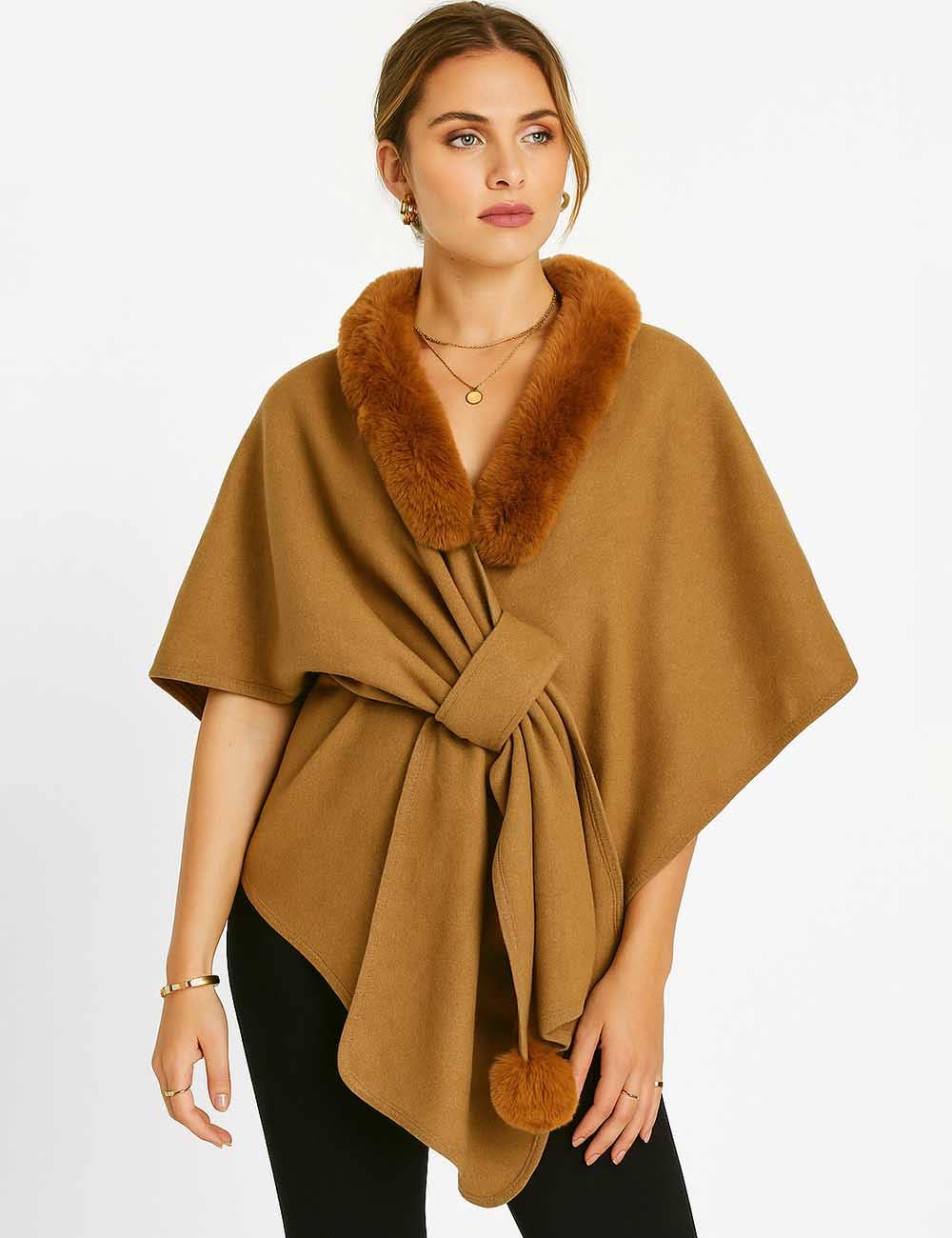 Sweetkama - Wholesale Cape - Women's - Ladies Faux Fur Collar Wool Blend Cape Cardigan Coat6