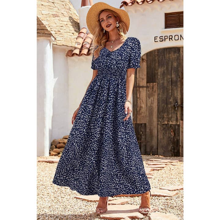 Supreme Fashion - Wholesale Dress - Women's - Allover Print Puff Sleeve Ruched Shirred Dress