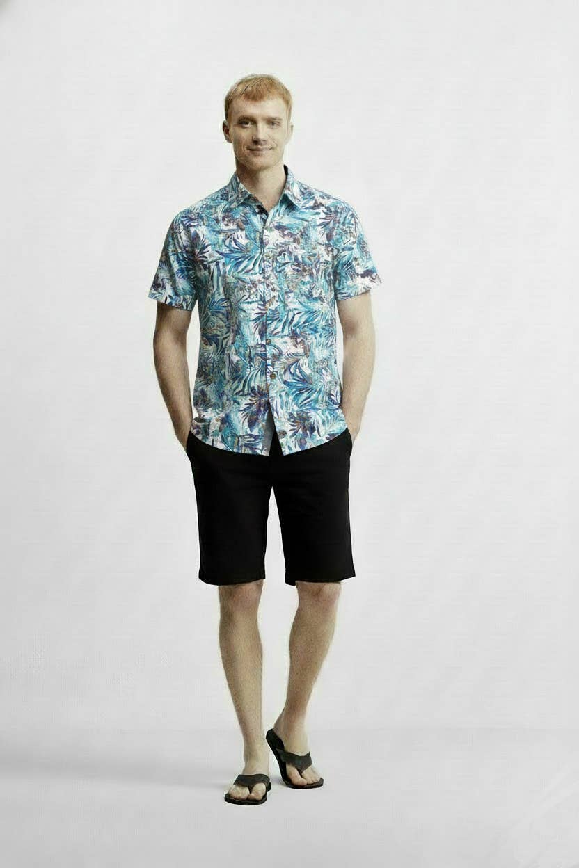 Hawk's Bay – Großhandel Hemd mit Button-down-Kragen – Herren – Bedrucktes, gewebtes Hawaii-Blumen-Kurzarmhemd aus Baumwolle für Herren