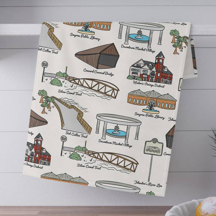 Smryna Georgia Illustrated Kitchen Towels, Kitchen Decor, Farmhouse Style, Gift for Hosts, Unique Kitchen Linens, Smryna GA Pattern for wholesale by OhhhSoPeachy
