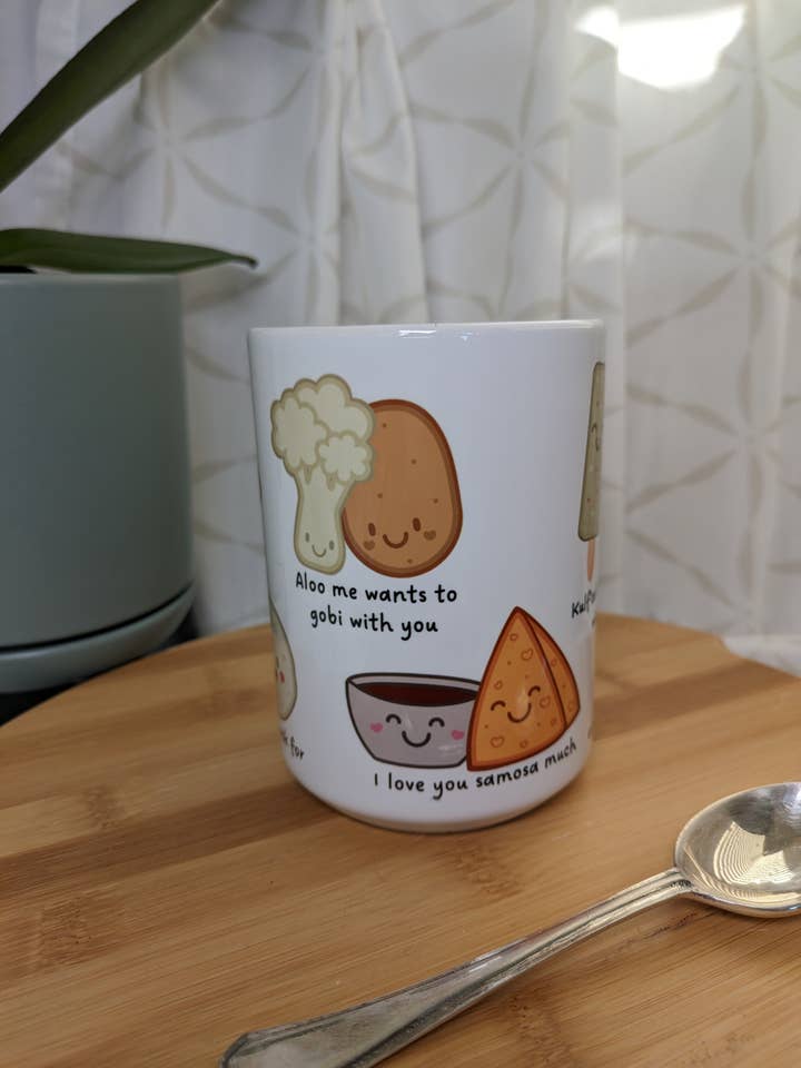 Indian foods love puns ceramic mug for wholesale by Lia Mayu Designs