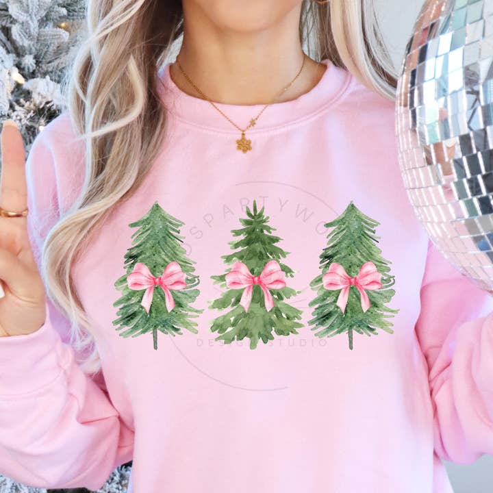 Sudadera navideña rosa, cuello redondo con forma de árbol de Navidad, regalo para venta al por mayor de Dm Crafting