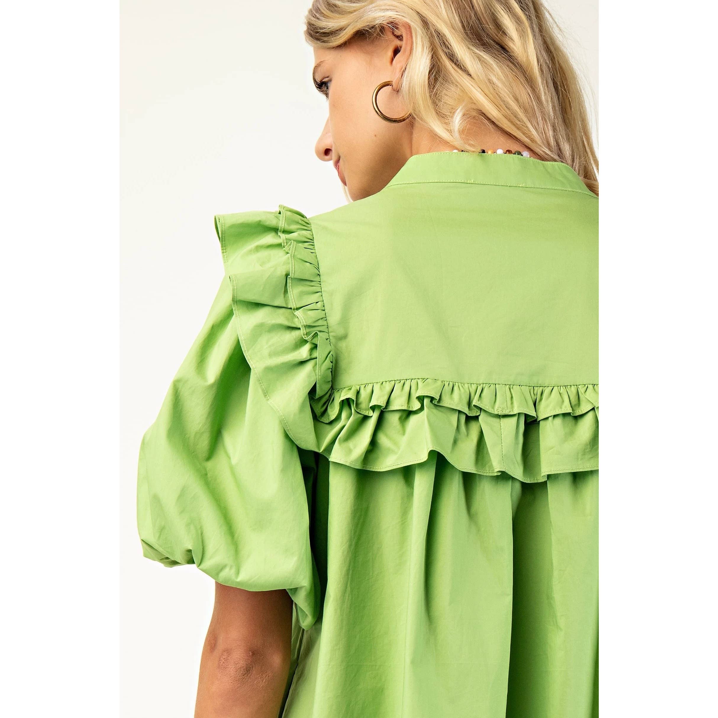 BNS - Wholesale Dress - Women's - Puff Sleeve Mini Dress w_Mandarin Collar n Ruffle5