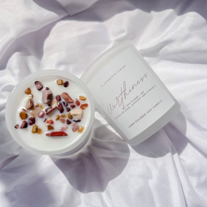 WORTHINESS – Crystal Infused Candle (Mini) and other Purchase Wholesale moo ping. Free Returns & Net 60 Terms on Faire trending on Faire.