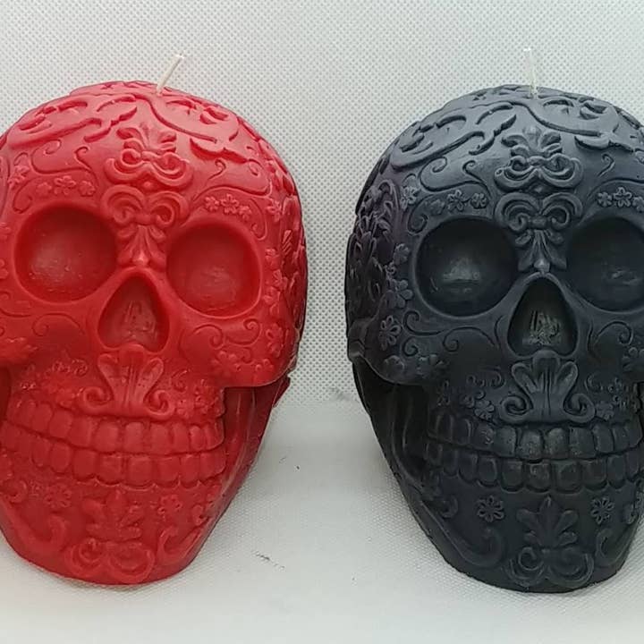 1 lb 7 oz. soy wax Day of the Dead skull candle for wholesale by Twisted Candle Company