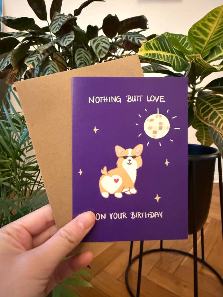 Birthday Greeting Card - Corgi (purple) - Classic for wholesale by Chumi Studio