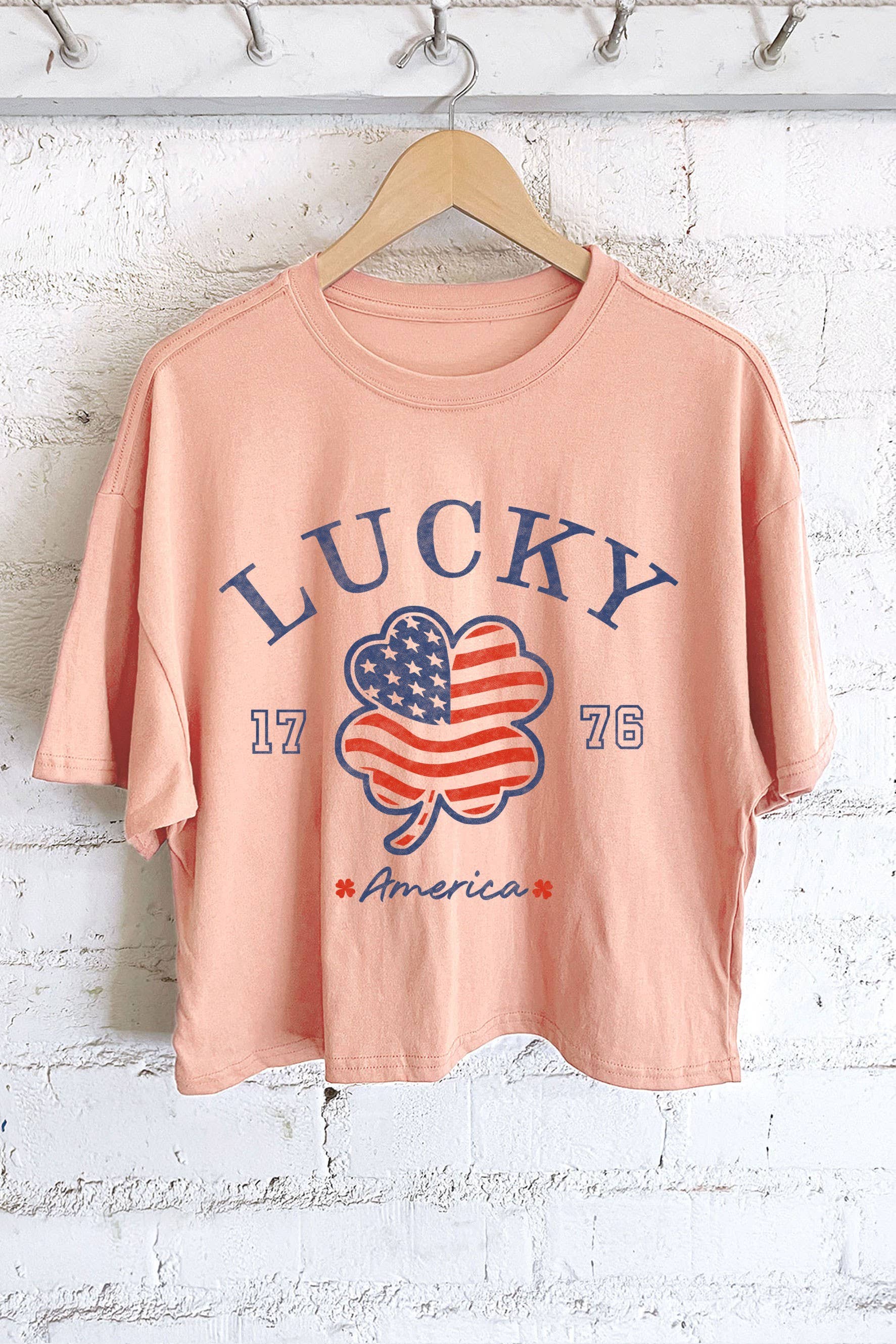 Rustee Clothing - Wholesale Screen Printed T-Shirt - Women's - LUCKY AMERICA CLOVER FLAG GRAPHIC LONG CROP TOP3