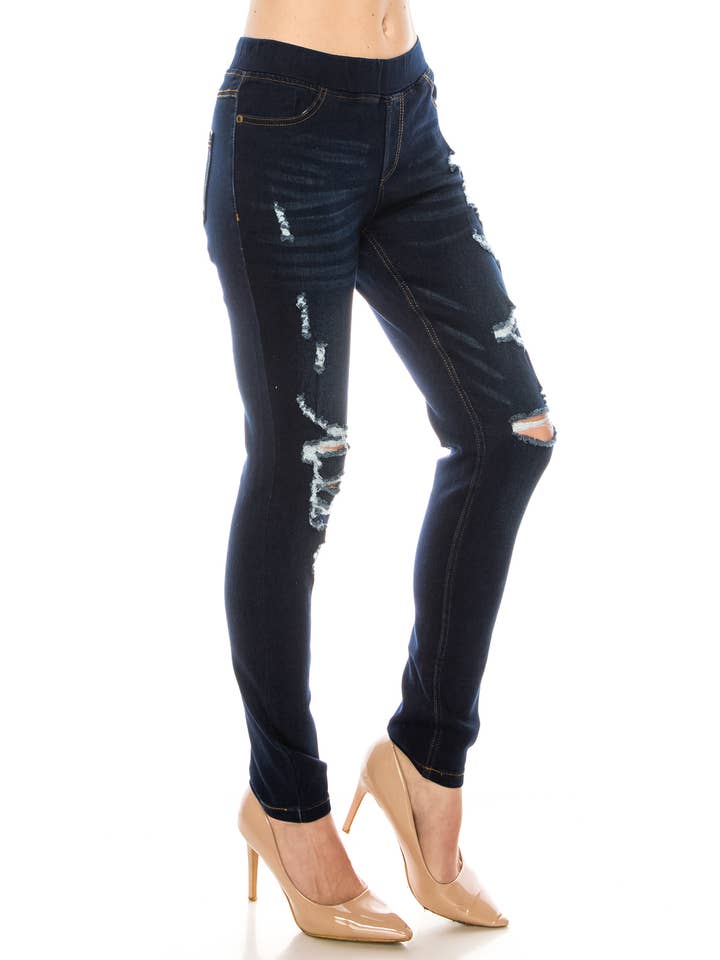 Color 5 – wholesale Jeans - Dam – Mörk rippad dra på jeans stretch denim skinny jegging byxor
