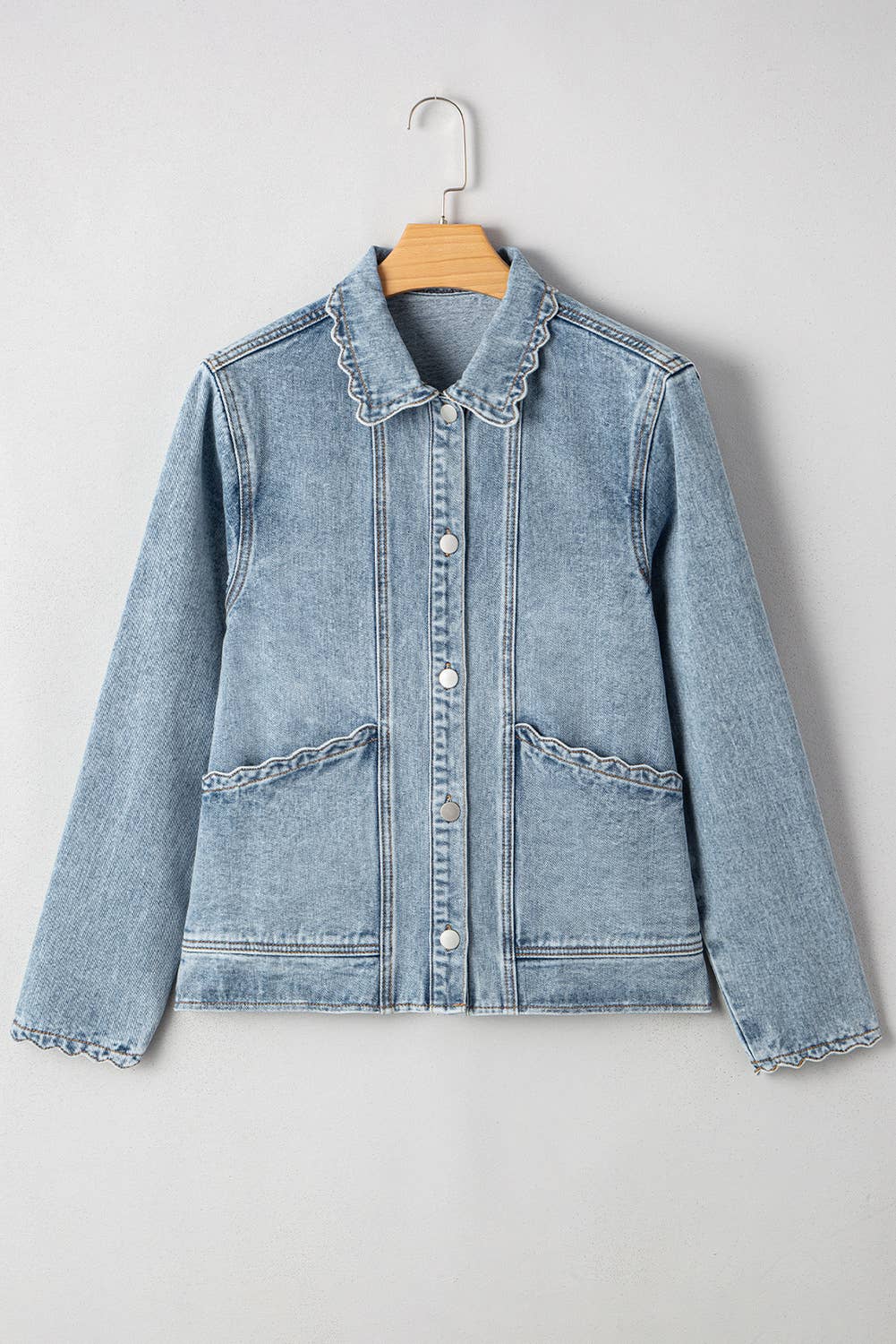 light blue Scallop Collar Pocket Button Up Denim Jacket for winter for wholesale on Faire3