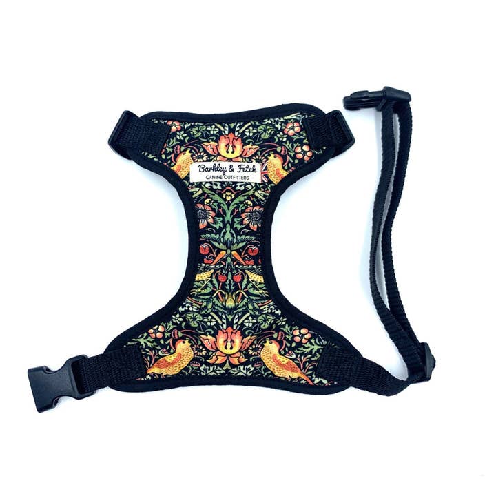 Black Strawberry Thief Print Fabric Harness for wholesale by Barkley and Fetch
