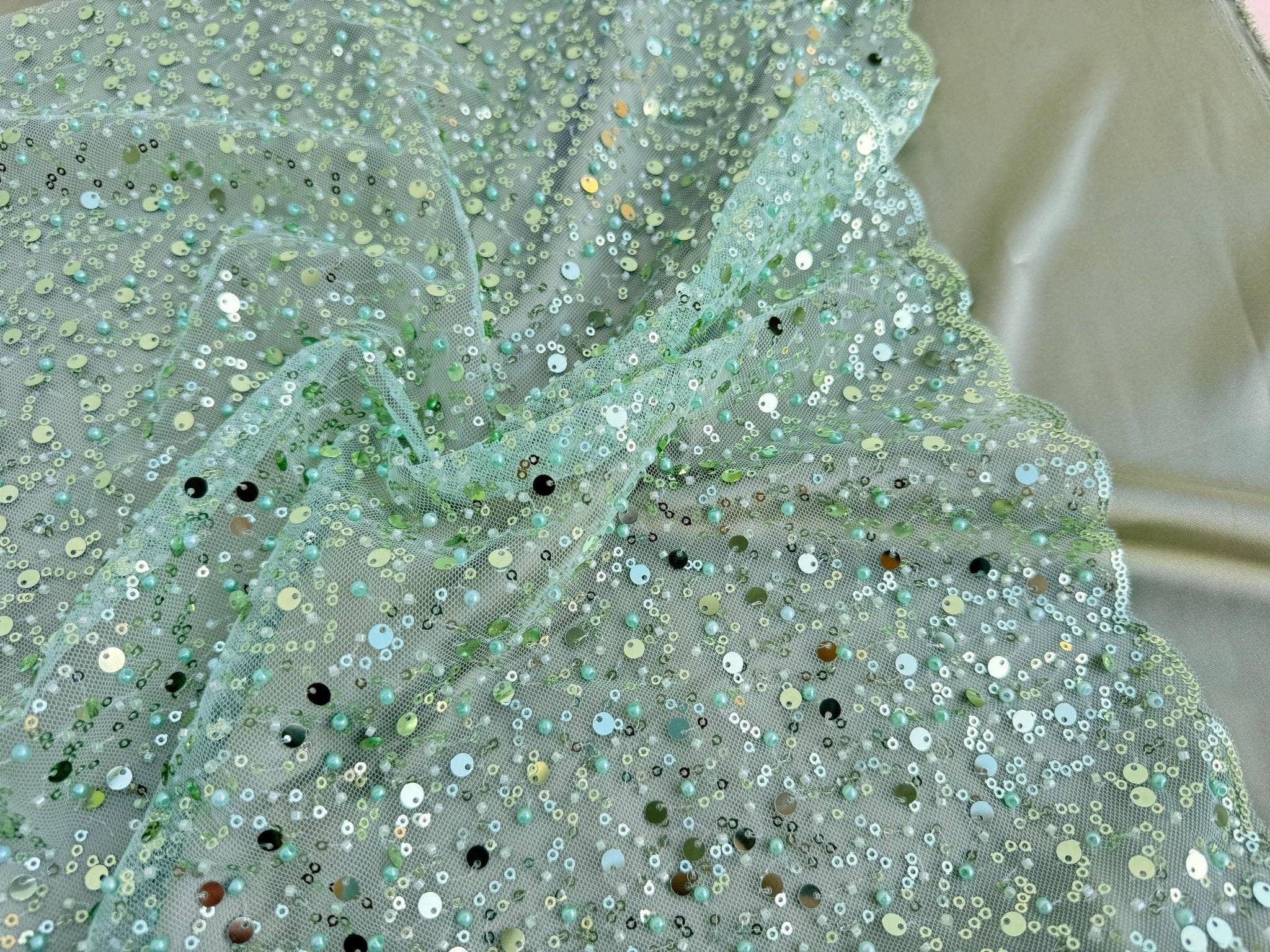 GalaTextile - Wholesale Craft Supplies - Sage Green Beaded Lace Fabric by Yard | Embroidered with Pearls & Sequins Mesh | Bridal Dresses, Gowns, Veils, Table Decor4