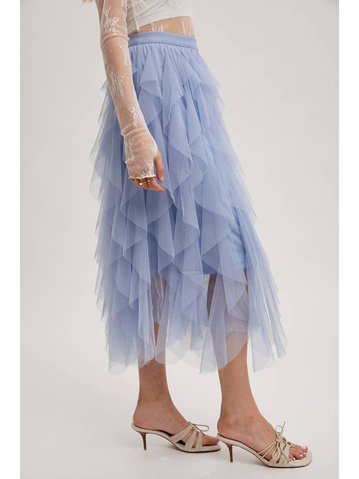 Bluivy - Wholesale Skirt - Women's - SPRIAL RUFFLED TULLE MIDI SKIRT