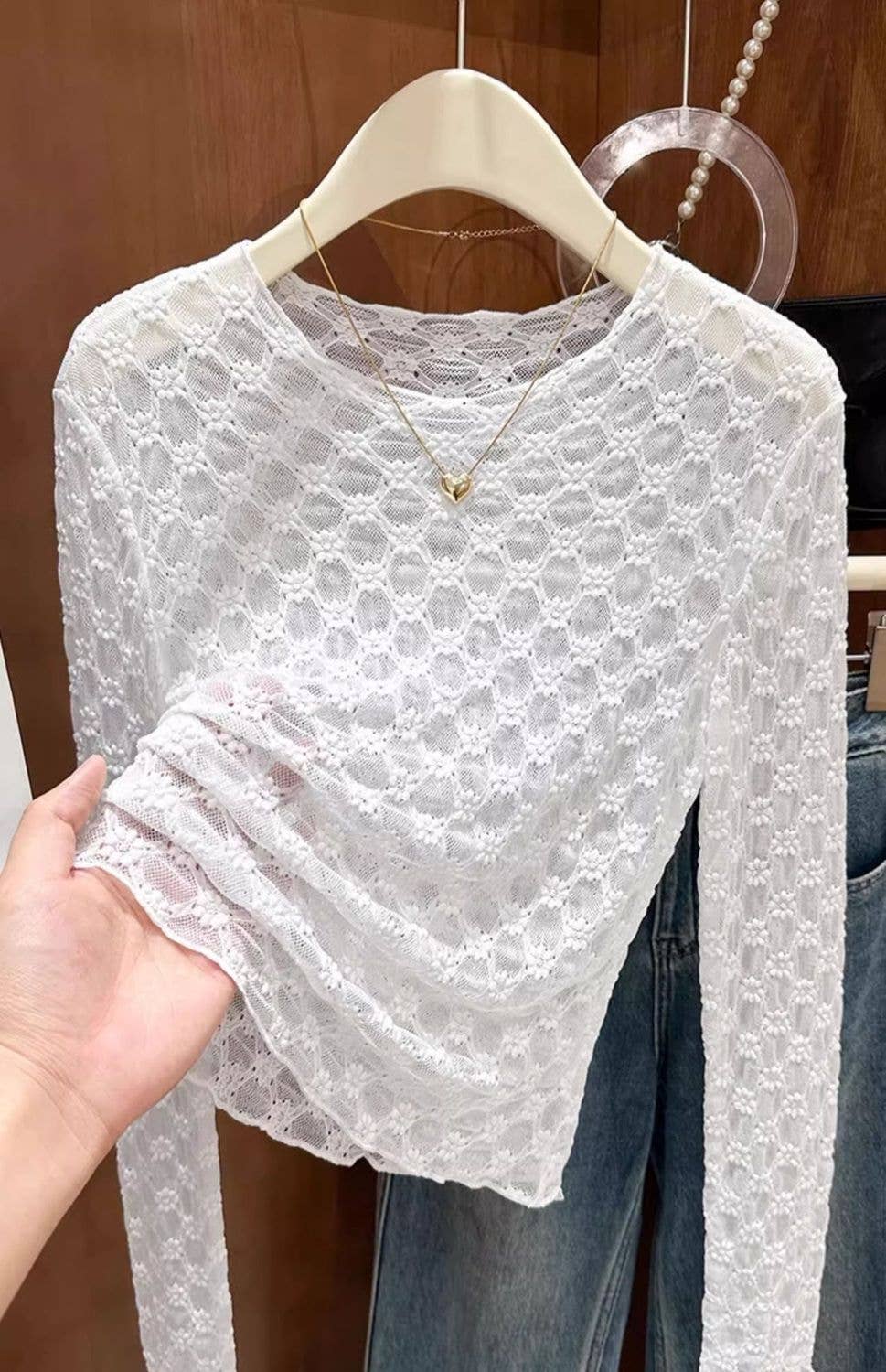 Rosa Clothing - Wholesale T-Shirt - Women's - Sheer Mesh Diamond Floral Lace Layering Fitted Crew Top2