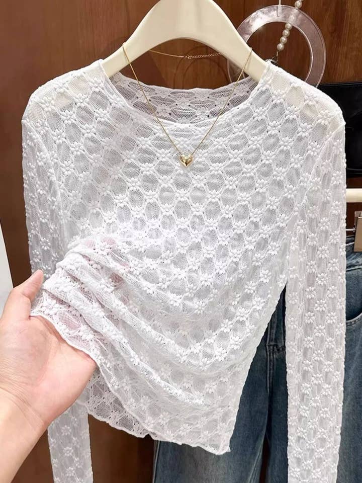 Rosa Clothing - Wholesale T-Shirt - Women's - Sheer Mesh Diamond Floral Lace Layering Fitted Crew Top2