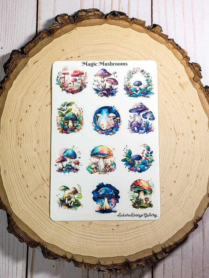 Feuille d'autocollants de champignons magiques – Autocollants pour planificateur et album de scrapbooking pour la vente par Sakura Design Gallery