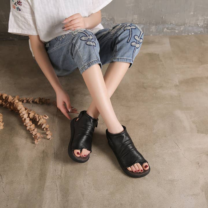 DWARVES – Großhandel Sandalen – Damen – Sandalen Stiefel aus weichem Rindsleder Plantform Sommerstiefel mit offener Peeptoe-Post Wrap Knöchelsandalen Flatforms Schwarz/Kaffee/Braun