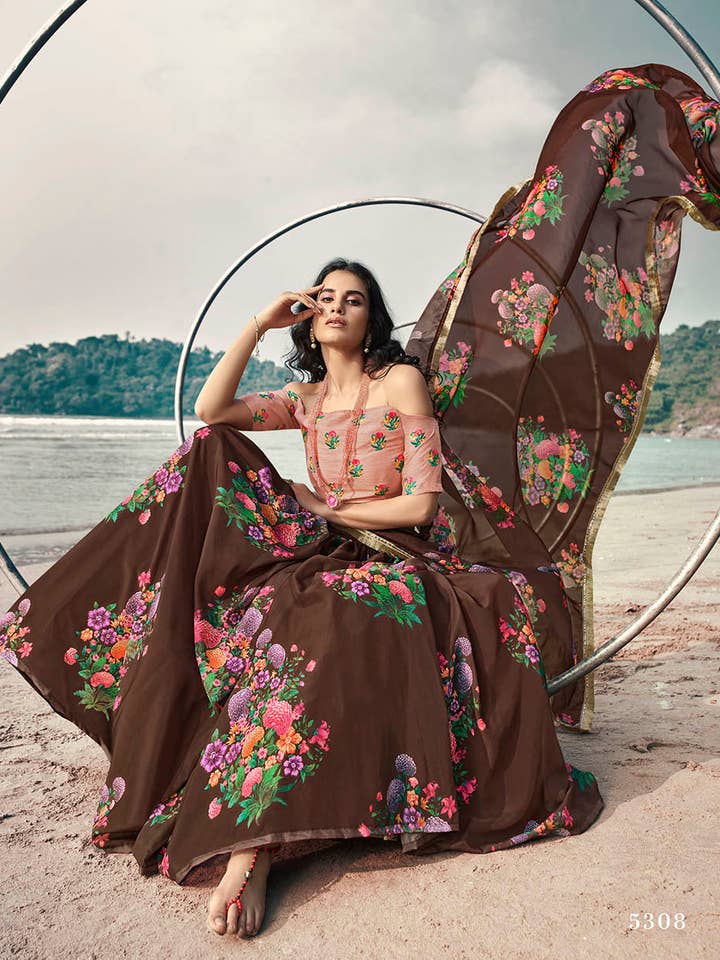 HATKE BRIDE - Wholesale Dress – Women's - Brown Organza Floral Lehenga Choli for Womens For Indian Festival & Weddings - Print Work,Thread Embroidery Work2