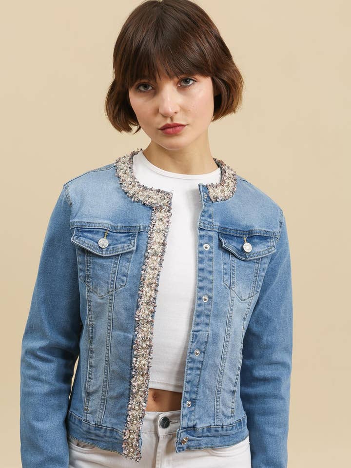 Giacca di jeans bordata in tweed - K4351 per la vendita all'ingrosso da parte di SOFTY