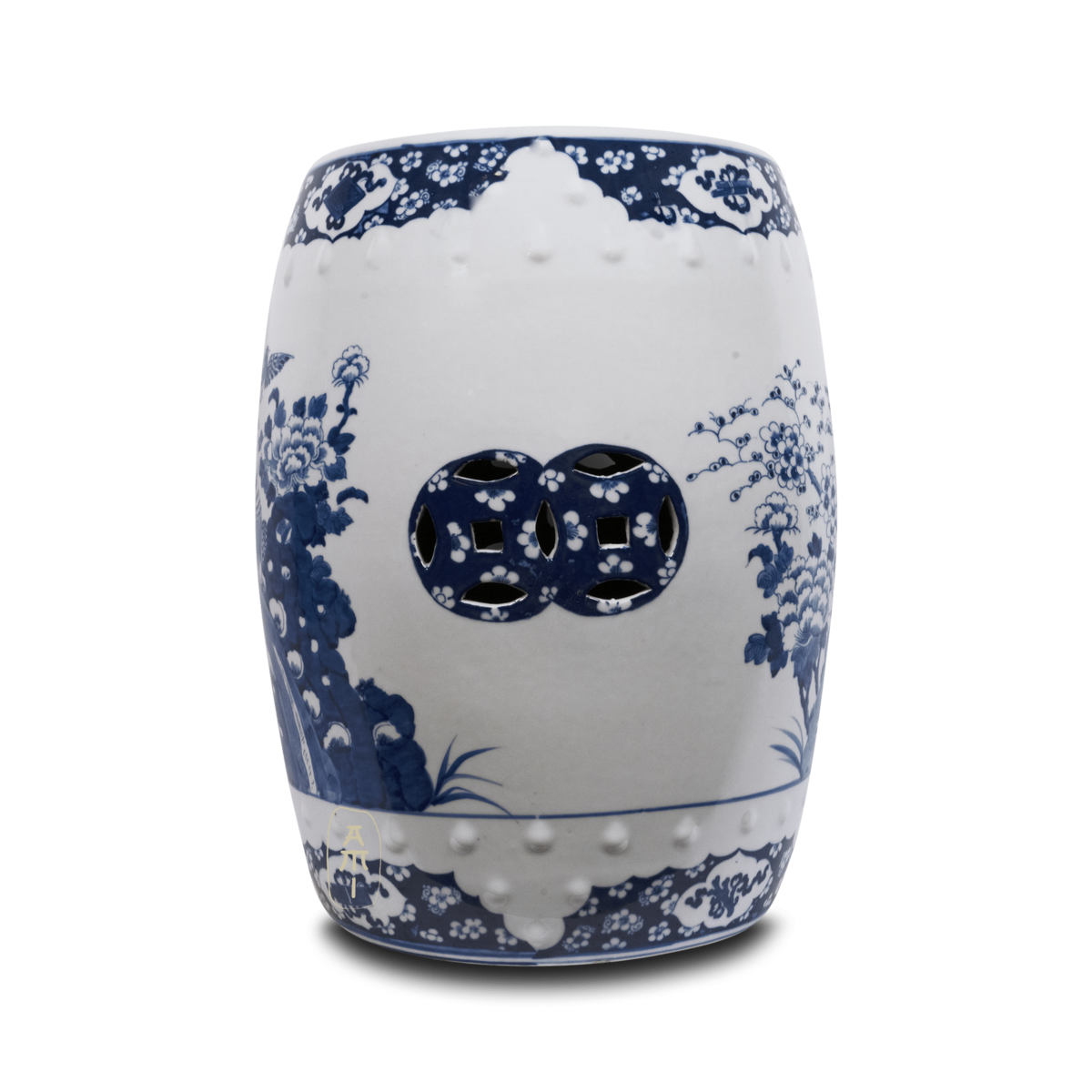 Asian Mix Interior - Vente Tabouret - Tabouret de jardin en céramique blanc et bleu fleurs et oiseaux1