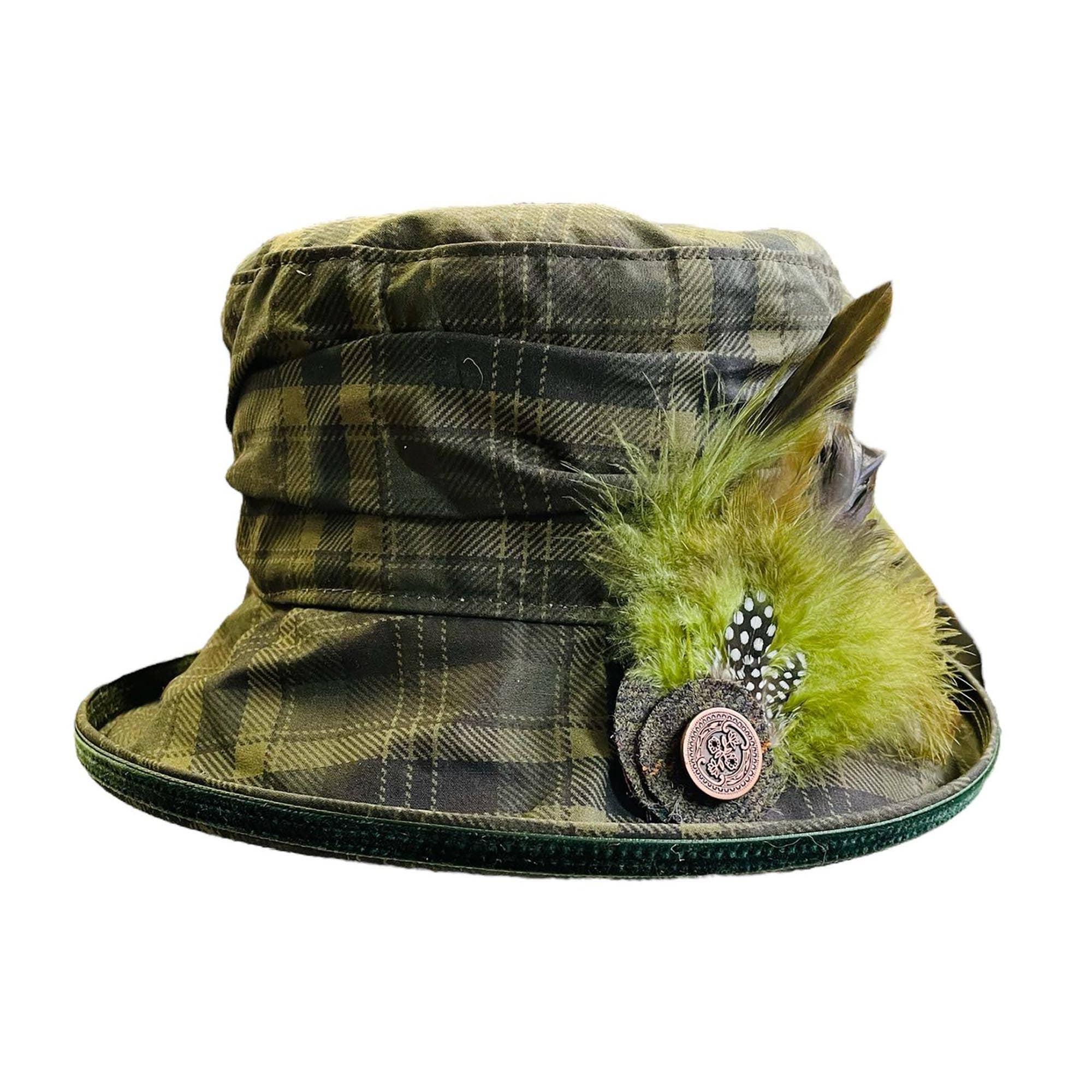 Peak & Brim Hats - Wholesale Bucket Hat - Women's - Bonnie Waterproof Wax Rain Hat, Green Tartan & Velvet Trim1