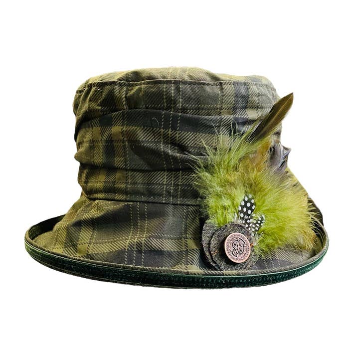 Peak & Brim Hats - Wholesale Bucket Hat - Women's - Bonnie Waterproof Wax Rain Hat, Green Tartan & Velvet Trim1