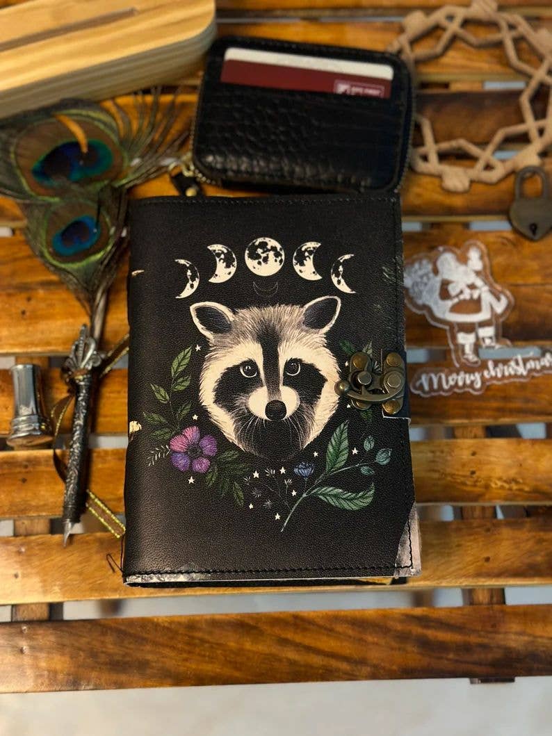 MNM HANDICRAFTS - Wholesale Journal/Diary - Racoon Moon Phase Leather Journal Gothic Book of Spells0