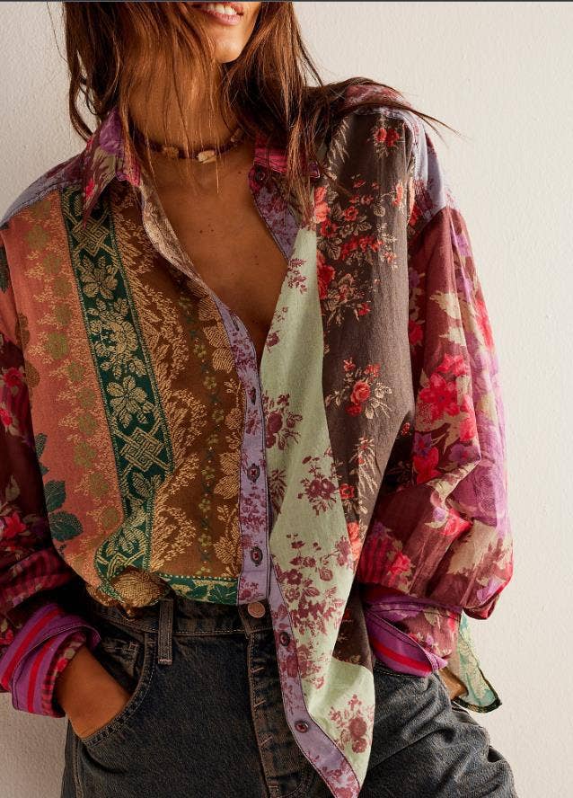 Rosa Clothing - Wholesale Button Down Shirt - Women's - Bohemia chic vibe Floral patchwork print button-up shirt3