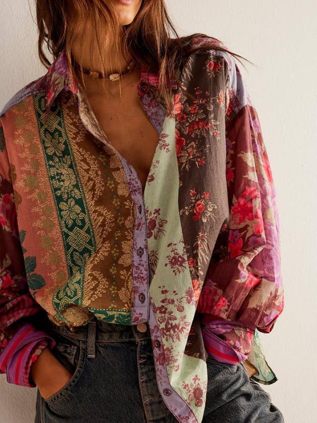 Rosa Clothing - Wholesale Button Down Shirt - Women's - Bohemia chic vibe Floral patchwork print button-up shirt3