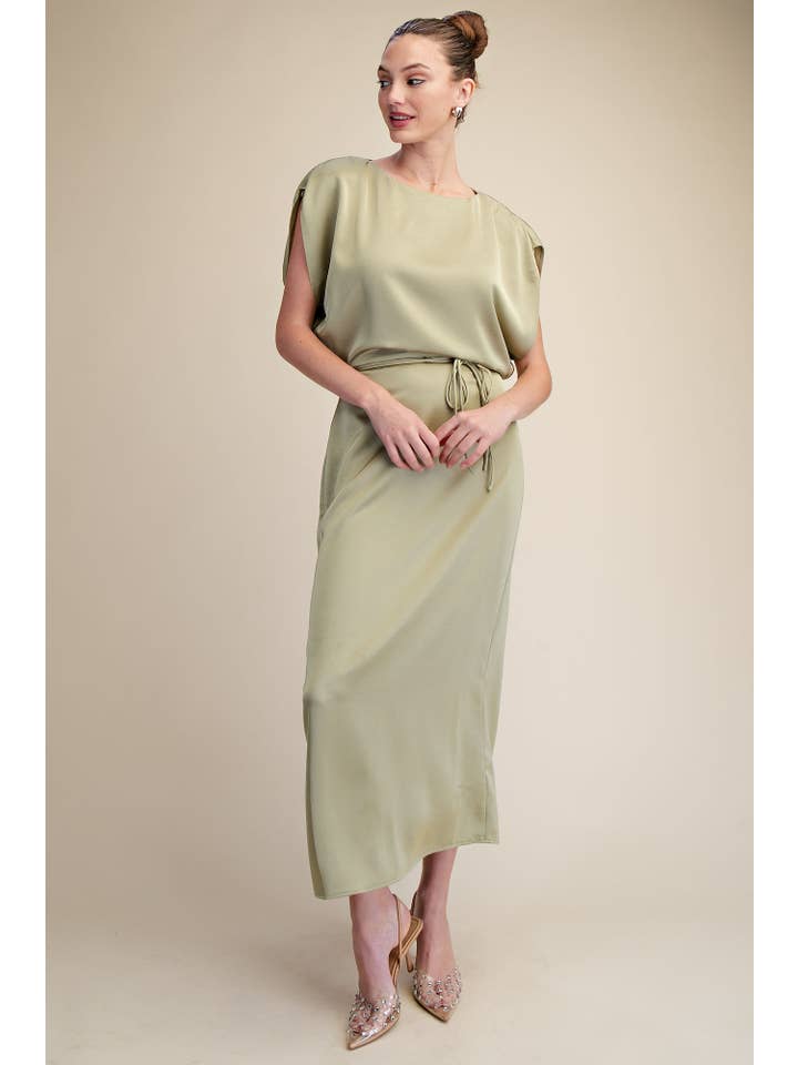 Glam - Wholesale Dress - Women's - Round Neck Waist Tie Back Slit Midi Dress1