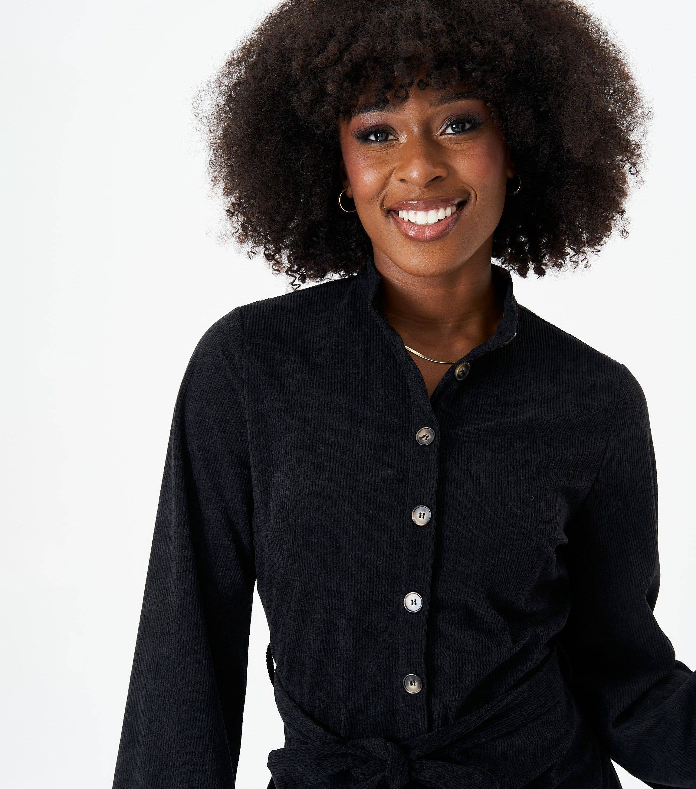 Black Button Front Belted Corduroy Shirt Dress for wholesale on Faire1