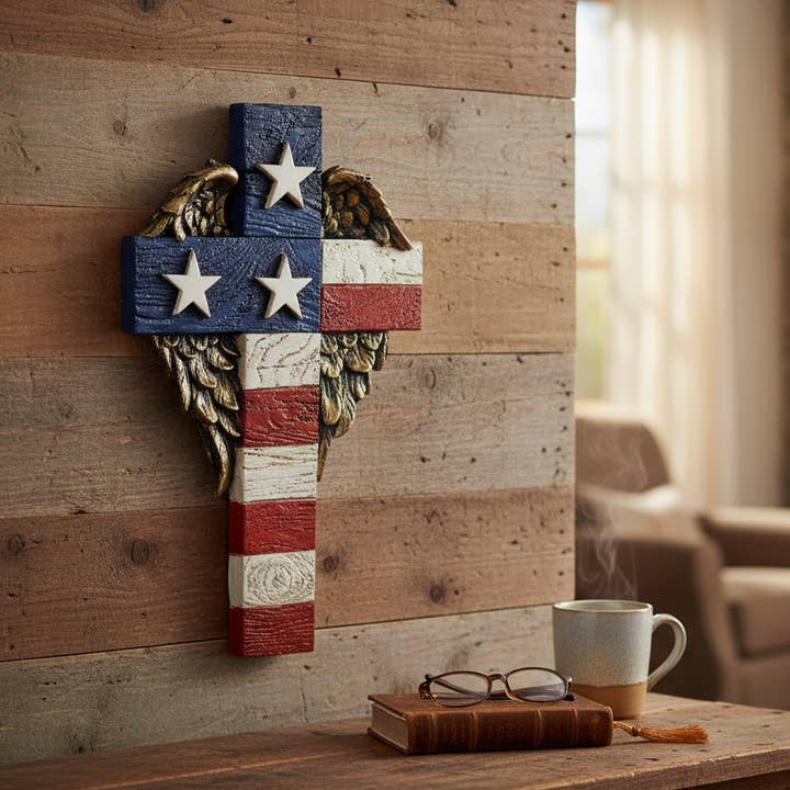 American Flag Stars and Stripes Angel Wings Wall Cross Décor for wholesale by De Leon Collections