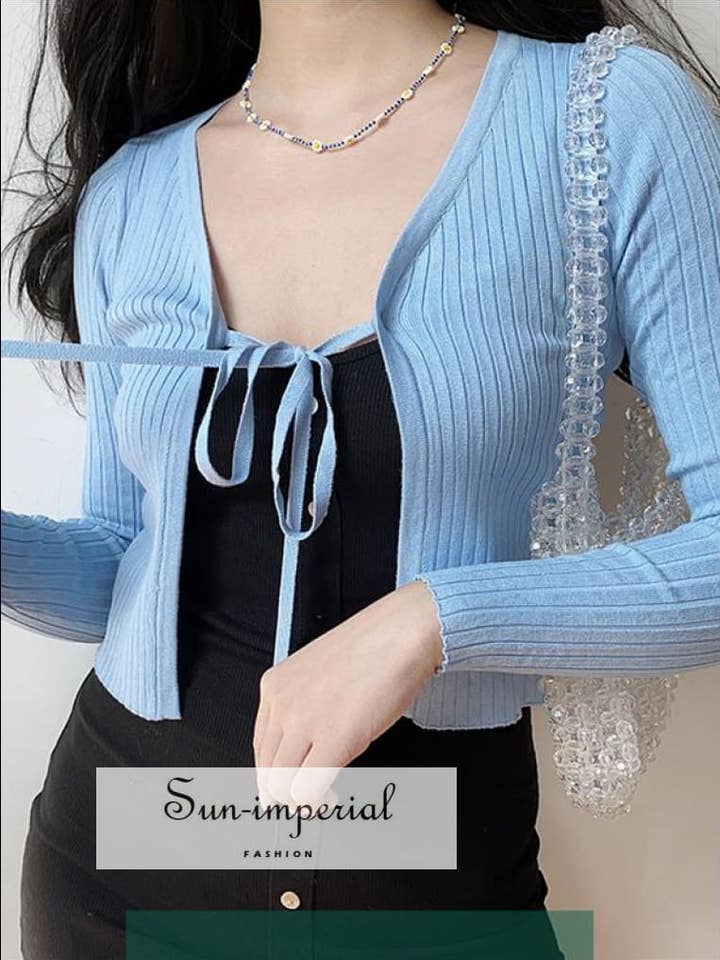 Blau Frauen Crop Rippstrick Cardigan binden vorn für den Großhandel von Sun Imperial