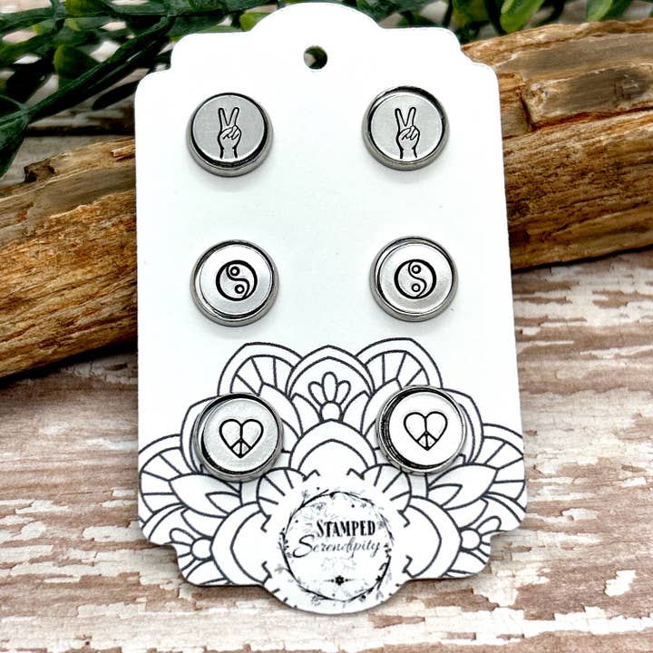 Stud Earring Trio Cards-90's Kid Peace Sign Yin Yang for wholesale by Stamped Serendipity