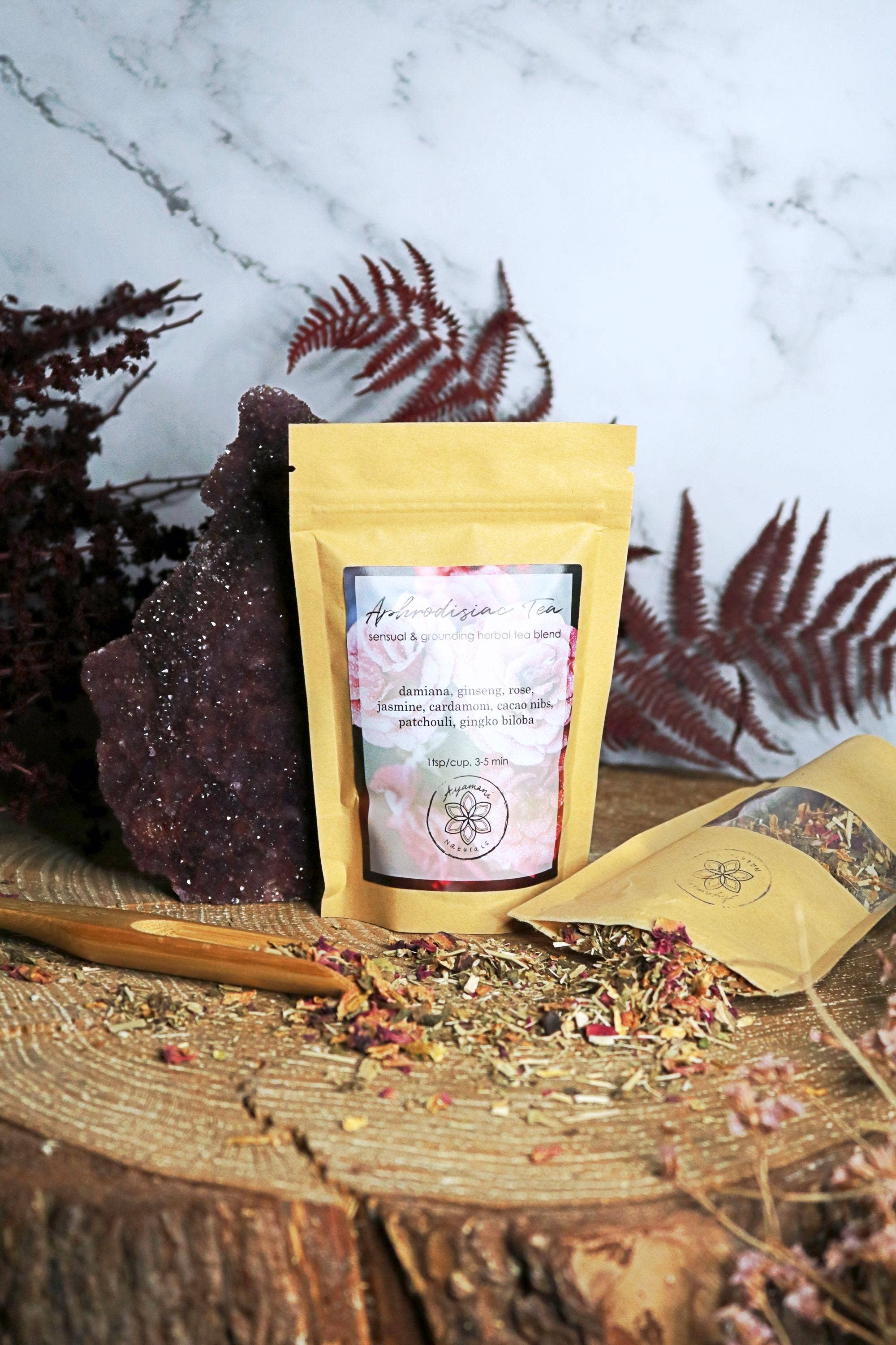 Ayamani Naturals - Wholesale Loose Tea - Aphrodisiac Tea with Damiana, Ginseng, Cacao, Rose, Cardamom8